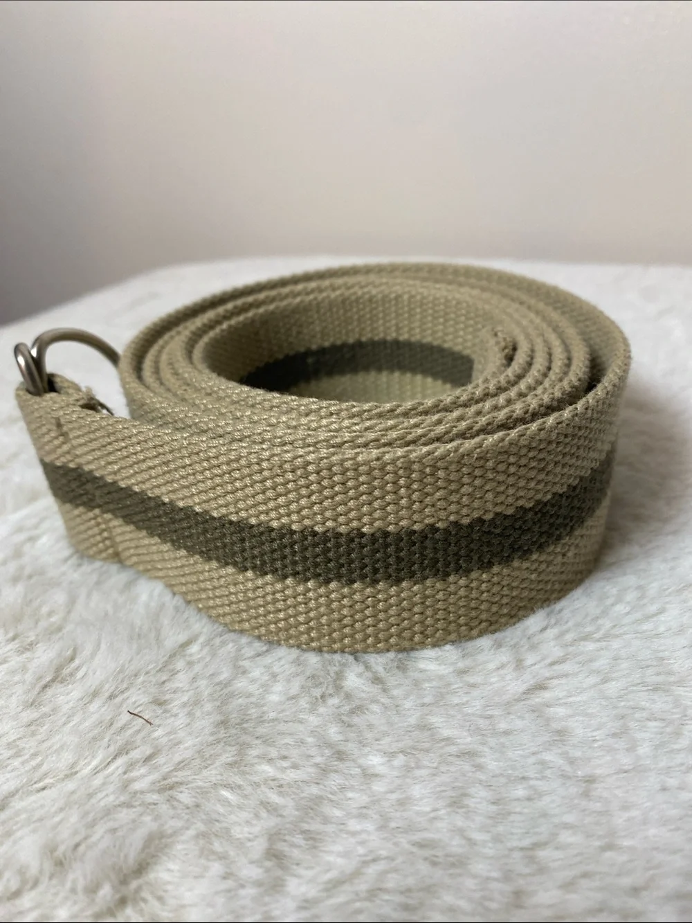 Men's Canvas D-Ring Belt in Khaki with Olive Stripe